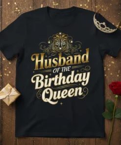 Black t-shirt with "Husband of the Birthday Queen" text in elegant gold and white typography