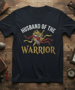 Husband of the Warrior t-shirt with sword through heart graphic and flames