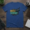 Hustle Everyday text with gear graphics and an upward trending arrow on a blue t-shirt