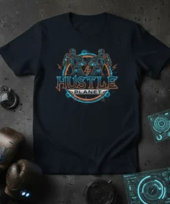HUSTLE PLANET t-shirt with neon-style graphic of two figures in a circle, lightning bolts, and gears