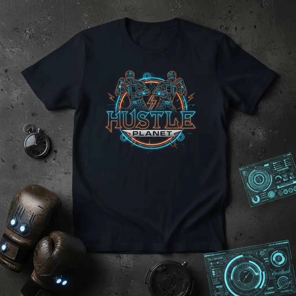 HUSTLE PLANET design with neon graphics of boxers and gears, symbolizing determination and drive