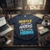 Hustle Until Your Haters Ask If You're Hiring motivational quote t-shirt design with gold and neon blue text