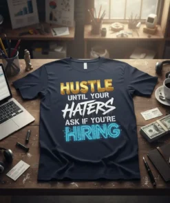 Hustle Until Your Haters Ask If You're Hiring motivational quote t-shirt design with gold and neon blue text