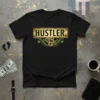 Black t-shirt with "Hustler" text in a gold distressed rectangle, featuring gears and circuit board design