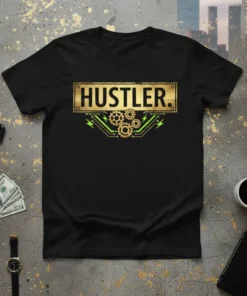Black t-shirt with "Hustler" text in a gold distressed rectangle, featuring gears and circuit board design