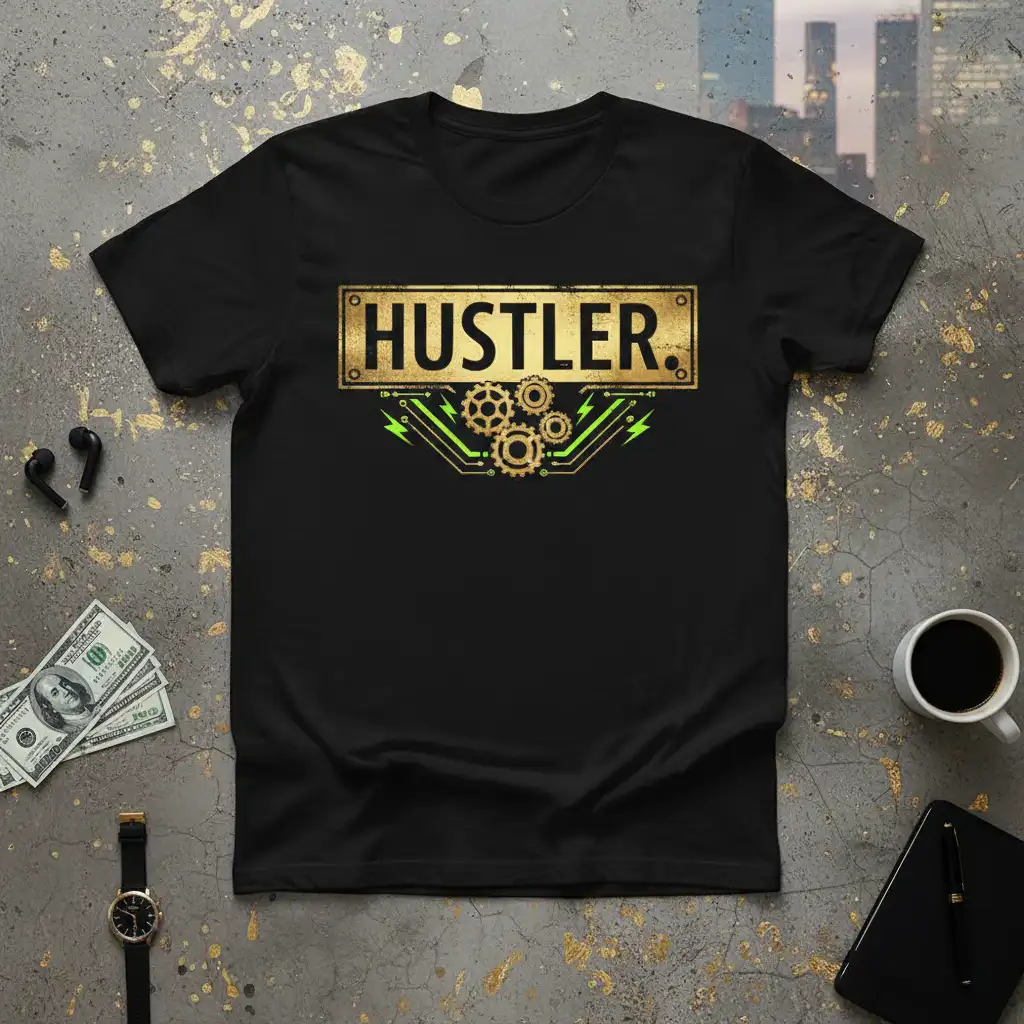 Black Hustler T-Shirt with gold text, gears, and circuit board graphic design