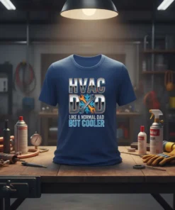 HVAC Dad Like A Normal Dad But Cooler T-Shirt featuring bold text and wrench/snowflake graphic