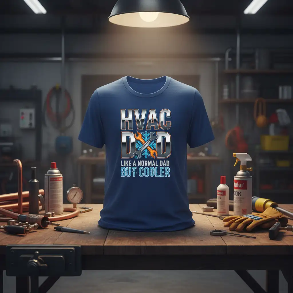 HVAC Dad Like A Normal Dad But Cooler quote with wrench and snowflake graphic on navy tee