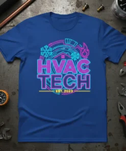 HVAC TECH EST. 2023 text in neon pink and blue, with snowflake and flame graphics, on a royal blue t-shirt