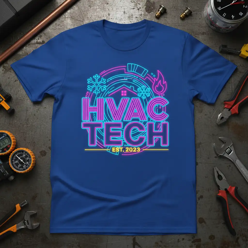 HVAC TECH EST. 2023 neon graphic with snowflake and flame icons on a blue t-shirt