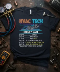 HVAC TECH HOURLY RATE funny quote t-shirt design with price list for services like watching, helping, or mentioning the internet