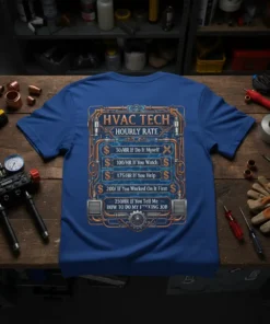 HVAC TECH HOURLY RATE t-shirt design with detailed pricing tiers and humorous explanations for technicians