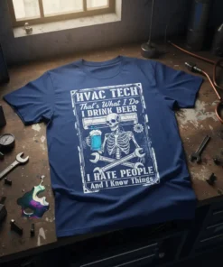 HVAC TECH That's What I Do I DRINK BEER I HATE PEOPLE And I Know Things t-shirt design with skeleton