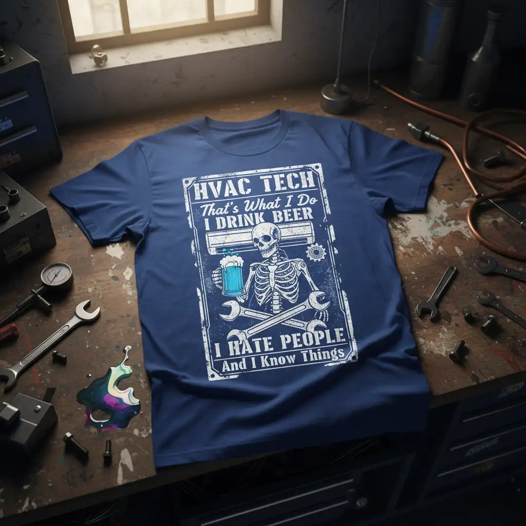 HVAC TECH That's What I Do I Drink Beer I Hate People And I Know Things quote on a dark graphic tee