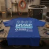Blue t-shirt with "HVAC Technician" in metallic silver, listing skills like Anglit-Packing, Likes Beer, Misguines Guffee, and Problem Solving. Includes