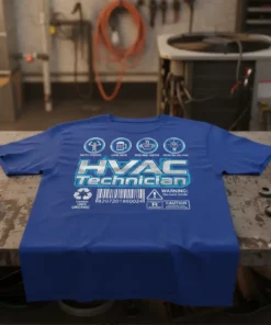 Blue t-shirt with "HVAC Technician" in metallic silver, listing skills like Anglit-Packing, Likes Beer, Misguines Guffee, and Problem Solving. Includes