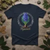 Hyacintih flower t-shirt with a detailed illustration of a blue hyacinth bloom inside a decorative silver frame