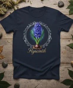 Hyacintih flower t-shirt with a detailed illustration of a blue hyacinth bloom inside a decorative silver frame