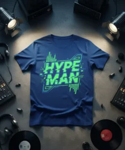 Hype Man text design with green digital sound wave graphics on a navy blue t-shirt, perfect for DJs and music