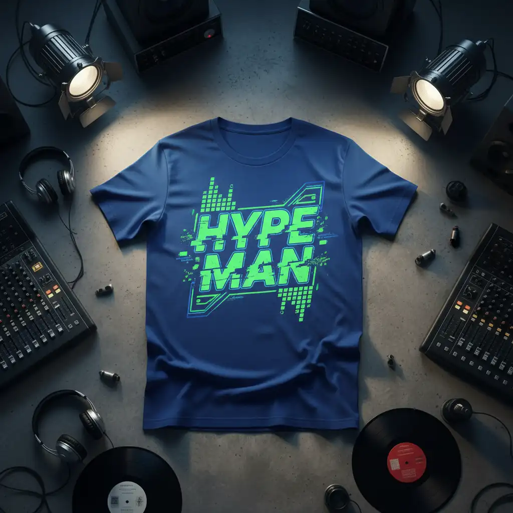 Hype Man bold green typography with digital sound wave graphics on a navy blue t-shirt design