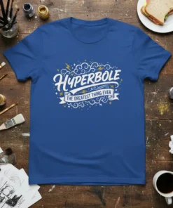 Blue t-shirt with "Hyperbole The Greatest Thing Ever" in stylized white lettering and decorative elements