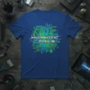 Hypnotic Coils t-shirt with a glowing green and blue circuit board design and metallic text