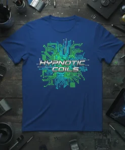 Hypnotic Coils t-shirt with a glowing green and blue circuit board design and metallic text