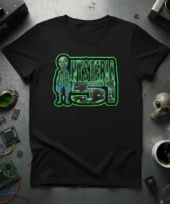 HYSTERIA 51 T-Shirt design featuring a stylized alien and distressed text, perfect for sci-fi fans