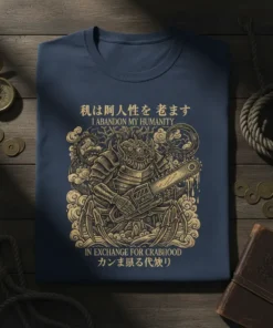 Samurai spider monster with chainsaw, Japanese text "I Abandon My Humanity In Exchange For Crabhood" on a navy blue t-shirt