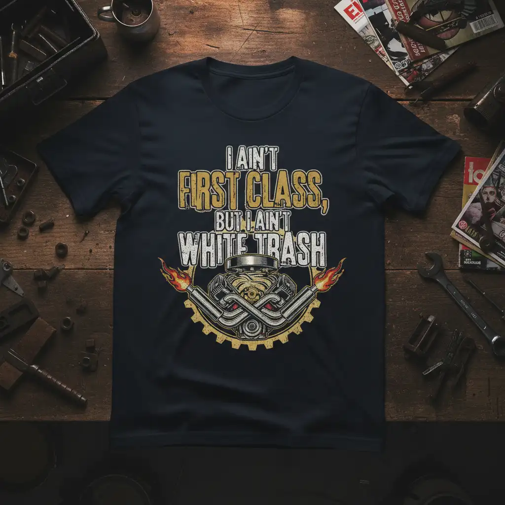 I Ain't First Class, But I Ain't White Trash quote with vintage engine and flames graphic on a dark t-shirt