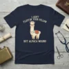 Nurse llama wearing a stethoscope and cap, with text "I Ain't Fluffin' Your Pillow But Alpaca Wound" on a navy
