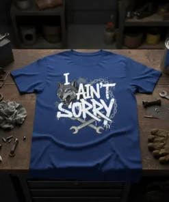 I Ain't Sorry Wolf T-Shirt with a snarling wolf head, crossed wrenches, and distressed text