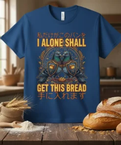 T-shirt with "I ALONE SHALL GET THIS BREAD" text and two pigeons holding shields with bread