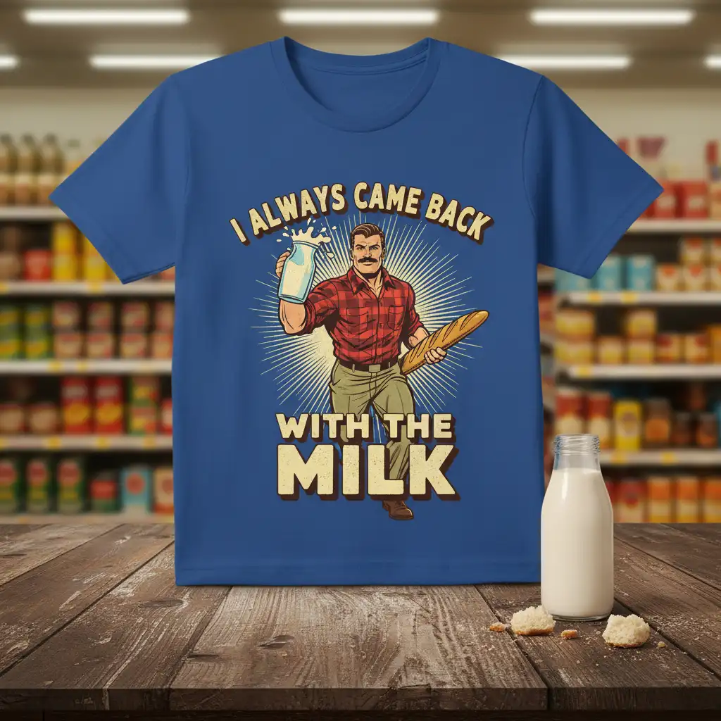 I Always Came Back With The Milk humorous quote t-shirt with vintage grocery shopper graphic