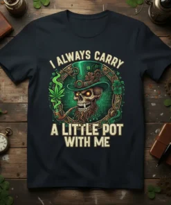 Skull leprechaun smoking pipe with cannabis leaf and text I ALWAYS CARRY A LITTLE POT WITH ME, St. Patrick's Day
