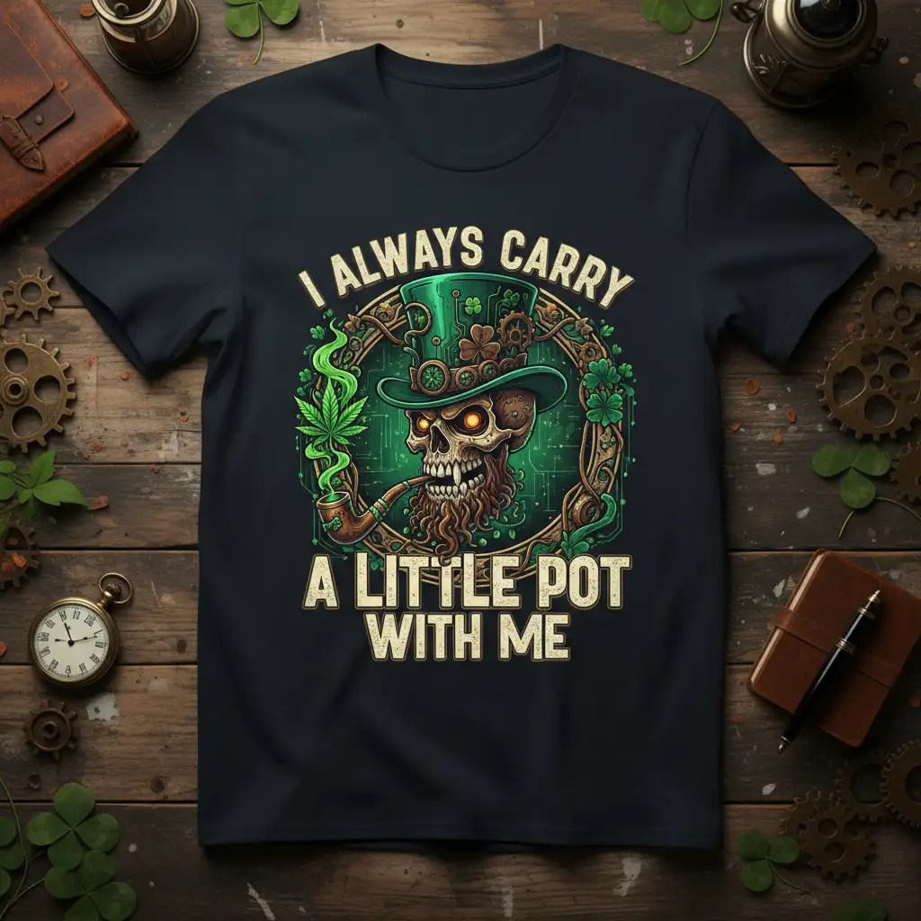 Skull leprechaun with pipe and cannabis leaf, I ALWAYS CARRY A LITTLE POT WITH ME quote on St. Patrick's Day tee
