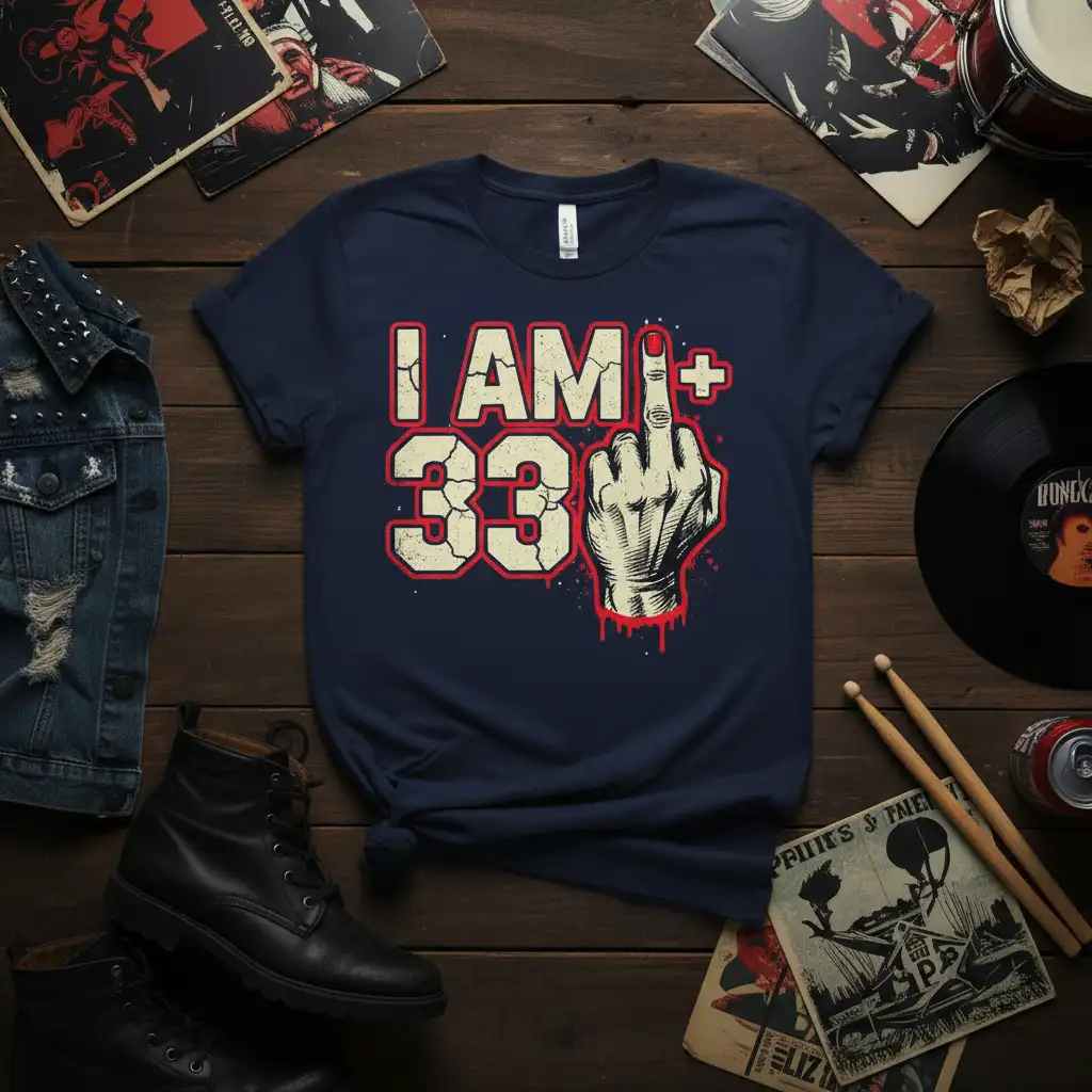 I Am+ 33 humorous birthday slogan with a middle finger graphic, vintage distressed style on a navy t-shirt