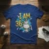 I Am 36+ t-shirt design with gold text and middle finger graphic, celebrating a birthday