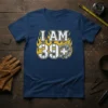 I AM 39+ birthday t-shirt design with flames and gear graphic. Text is white and yellow