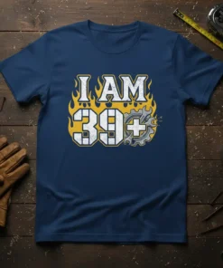 I AM 39+ birthday t-shirt design with flames and gear graphic. Text is white and yellow