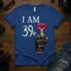 I AM 39+ birthday t-shirt with lips and middle finger graphic. White text and red lips on blue shirt