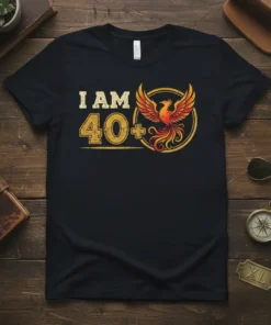 I Am 40+ text with a stylized phoenix graphic in a circle, on a black t-shirt