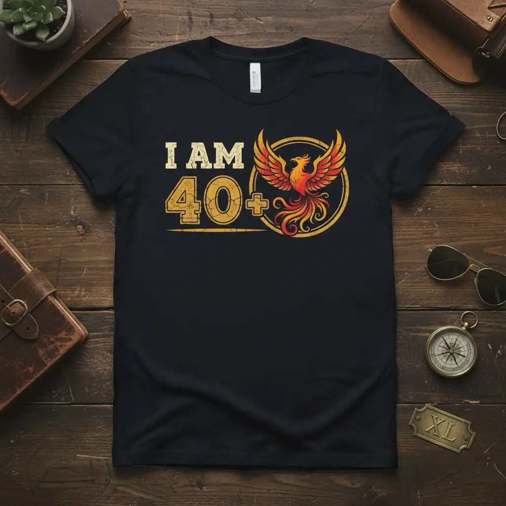 I Am 40+ text and phoenix graphic on a black t-shirt, celebrating a milestone birthday