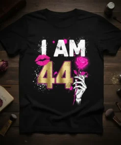 I AM 44 birthday t-shirt with pink lips, gold number 44, and a skeleton hand holding a pink rose