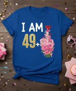 I AM 49+ birthday t-shirt with gold glitter number 49 and a bouquet of pink flowers