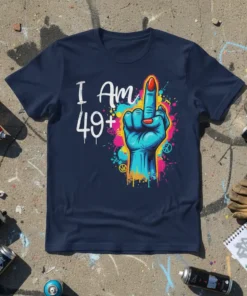 I Am 49+ birthday t-shirt with a vibrant blue hand giving the middle finger, surrounded by colorful paint splatters