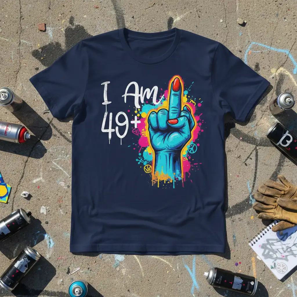 Bold I Am 49+ text with vibrant blue hand middle finger graphic on a navy t-shirt