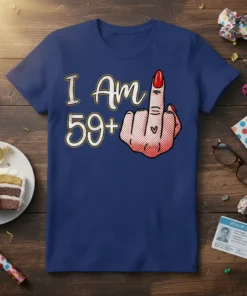 I Am 59+|59+ humorous birthday t-shirt with a middle finger graphic and red nail polish