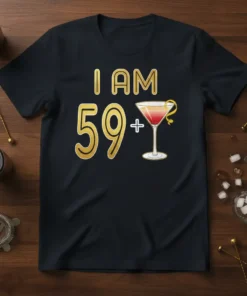 I AM 59+ text with a martini glass graphic on a black t-shirt, celebrating a 59th birthday