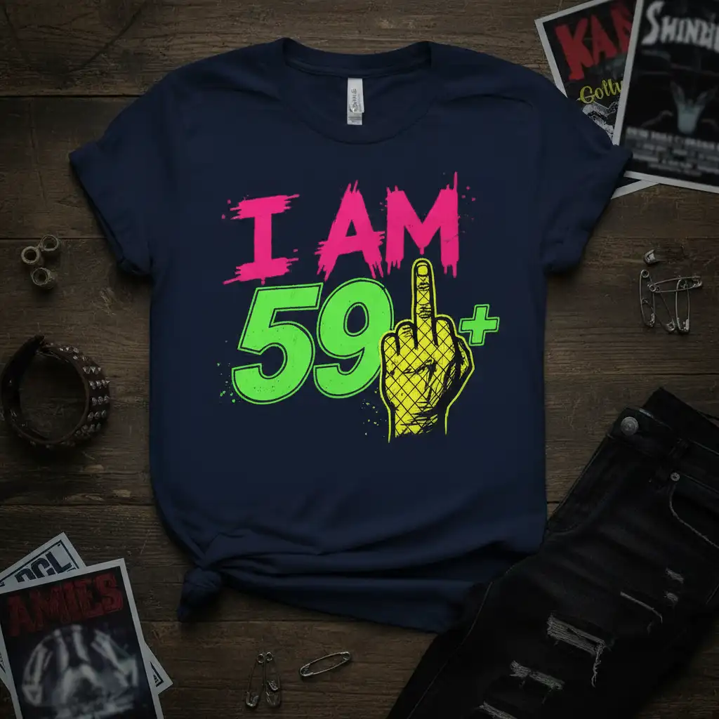 I AM 59+ birthday quote t-shirt with retro neon pink and green typography and a middle finger graphic